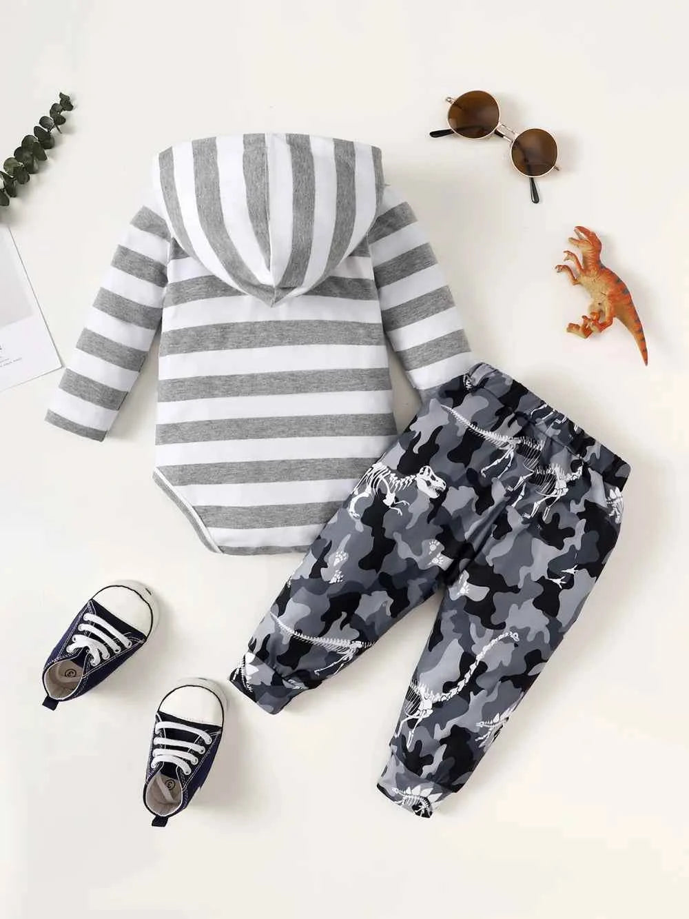 Children's Striped Hooded Bodysuit and Camouflage Pants Set