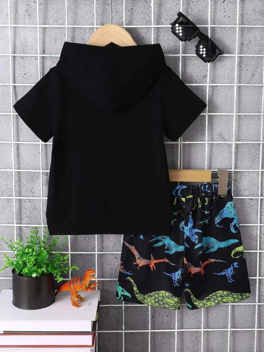 Children's Dinosaur Short Sleeve Hooded Top and Pants Set