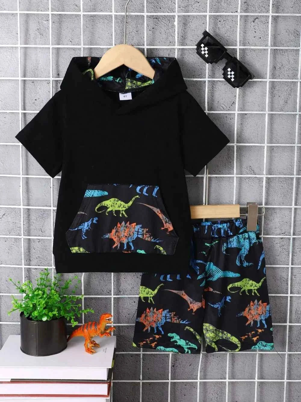 Children's Dinosaur Short Sleeve Hooded Top and Pants Set