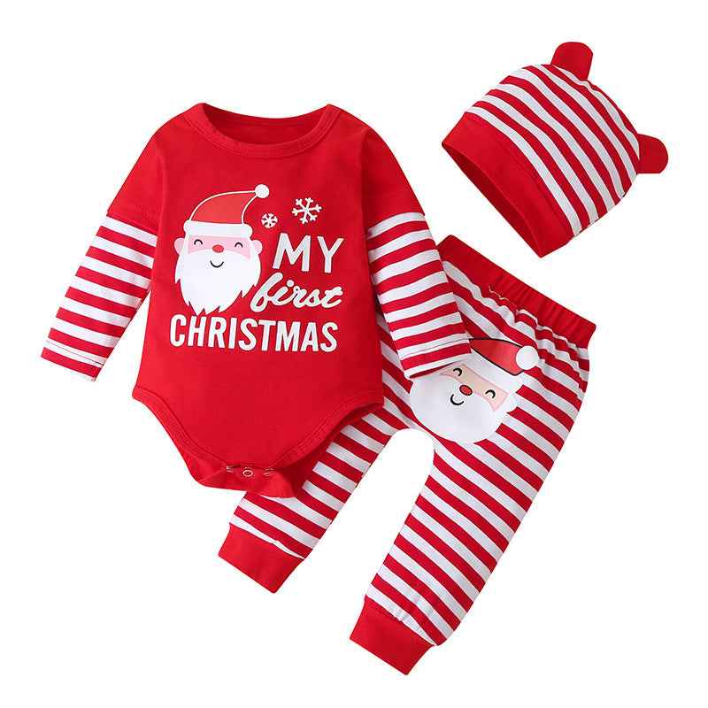 Autumn Baby Children's Christmas Long-Sleeved Three-Piece Suit New Striped Pants Detachable Hat Romper Suit