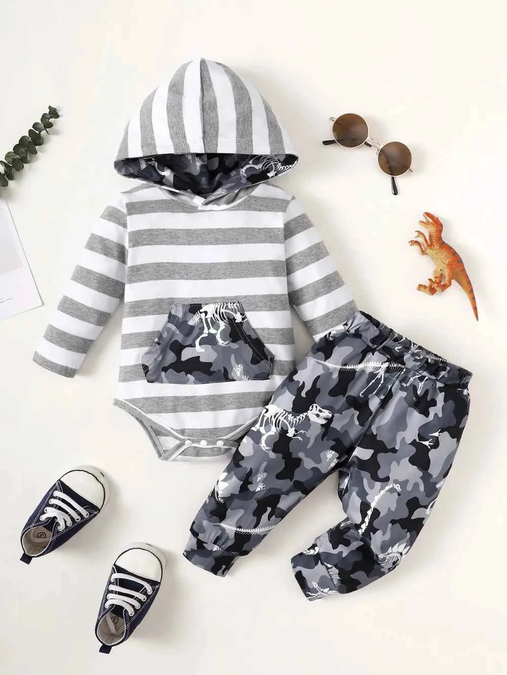 Children's Striped Hooded Bodysuit and Camouflage Pants Set