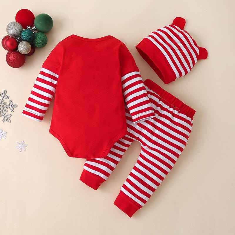 Autumn Baby Children's Christmas Long-Sleeved Three-Piece Suit New Striped Pants Detachable Hat Romper Suit