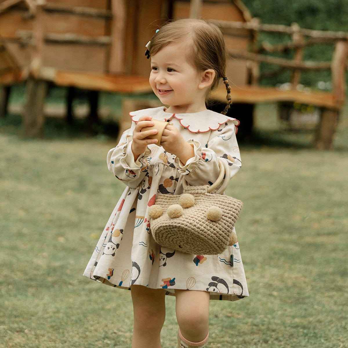 Autumn New Children's Clothing Girls Dress Long-Sleeved Korean Cartoon A-Line Skirt Lace Lapel Corduroy Skirt