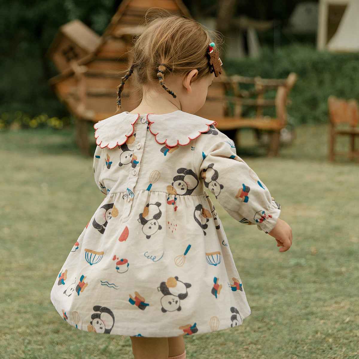 Autumn New Children's Clothing Girls Dress Long-Sleeved Korean Cartoon A-Line Skirt Lace Lapel Corduroy Skirt