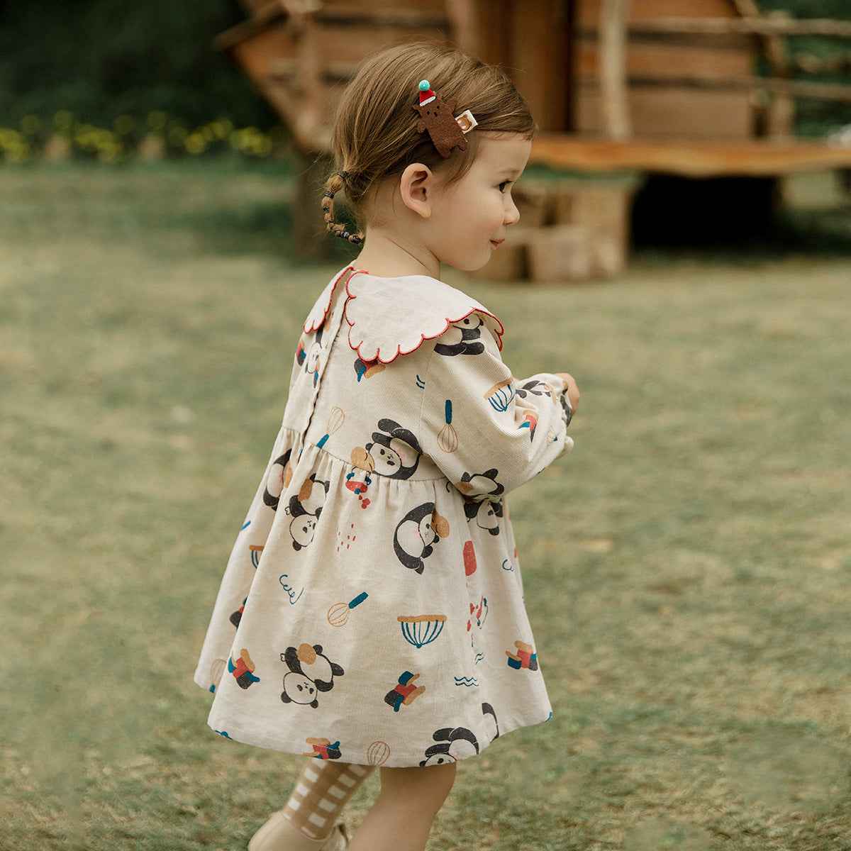 Autumn New Children's Clothing Girls Dress Long-Sleeved Korean Cartoon A-Line Skirt Lace Lapel Corduroy Skirt