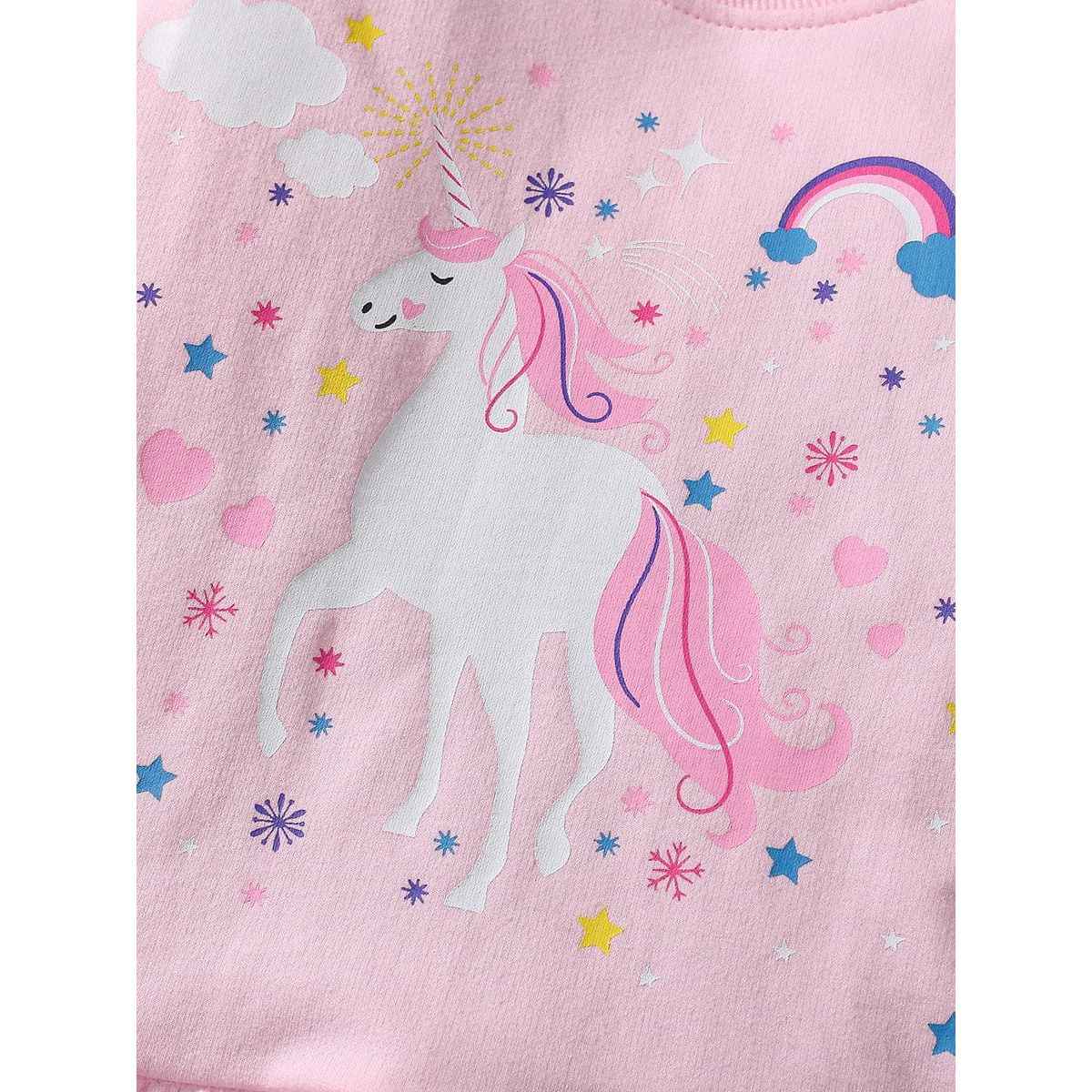 Spring And Autumn Girls Cute Cartoon Unicorn Pattern Long Sleeves Top Dress And Grey Pants Clothing Set