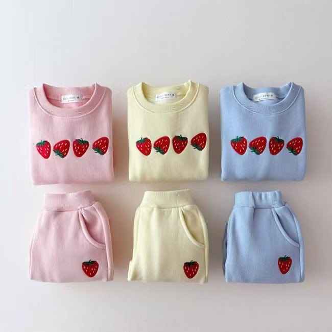 Autumn Baby Kids Unisex Casual Strawberry Embroidered Pattern Long Sleeves Top Pullover and Pants Clothing Set