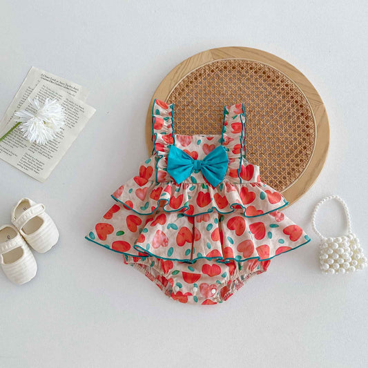 New Arrival Summer Baby Kids Girls Heart Pattern Sleeveless Big Bow Strap Onesies