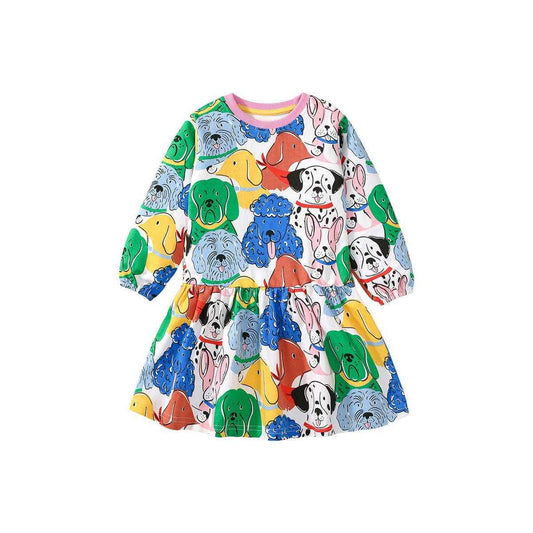 Design Autumn Girls Vivid Colorful Dogs Pattern Dress