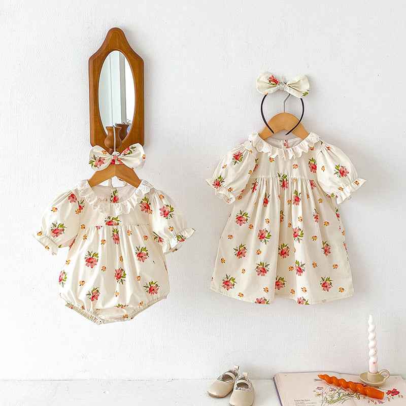 Summer Girls Flowers Pattern Short Sleeves Hollow Out Ruffle Collar Onesies And Dress – Sister Matching Clothing Set