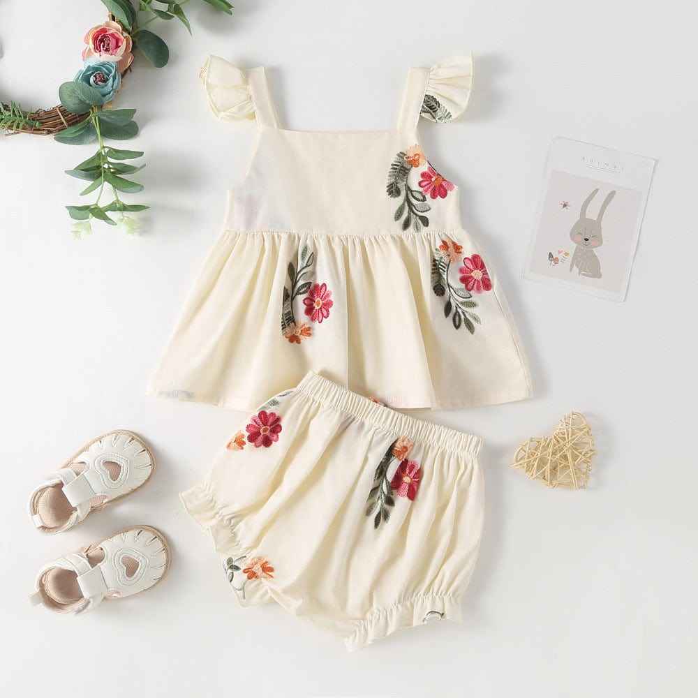 Summer Baby Kids Girls Floral Pattern Sleeveless Strap Top Dress And Bloomers Clothing Set/ Onesies