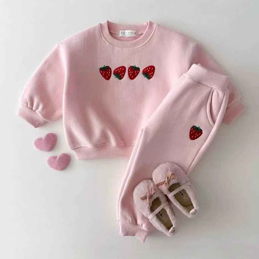 Autumn Baby Kids Unisex Casual Strawberry Embroidered Pattern Long Sleeves Top Pullover and Pants Clothing Set
