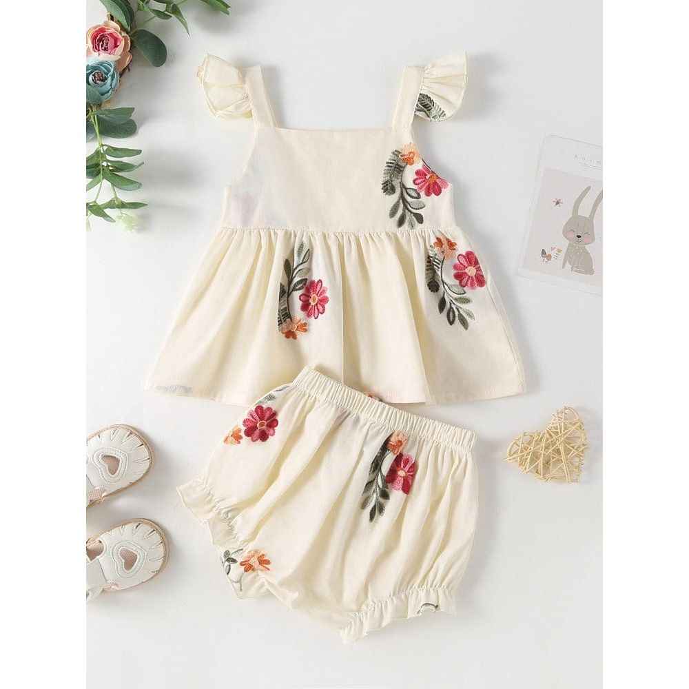 Summer Baby Kids Girls Floral Pattern Sleeveless Strap Top Dress And Bloomers Clothing Set/ Onesies