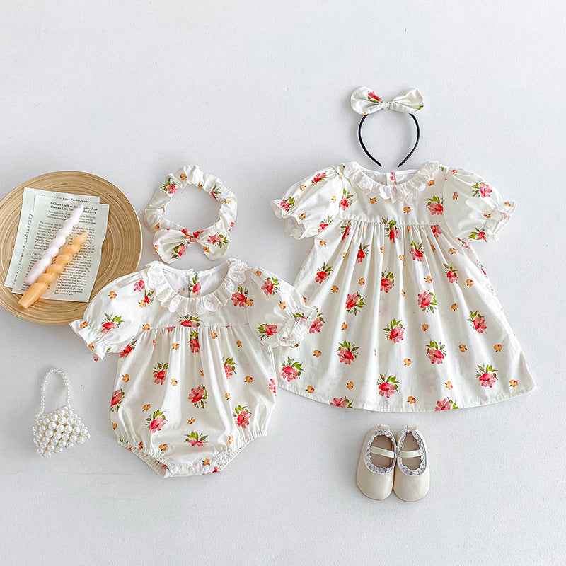 Summer Girls Flowers Pattern Short Sleeves Hollow Out Ruffle Collar Onesies And Dress – Sister Matching Clothing Set