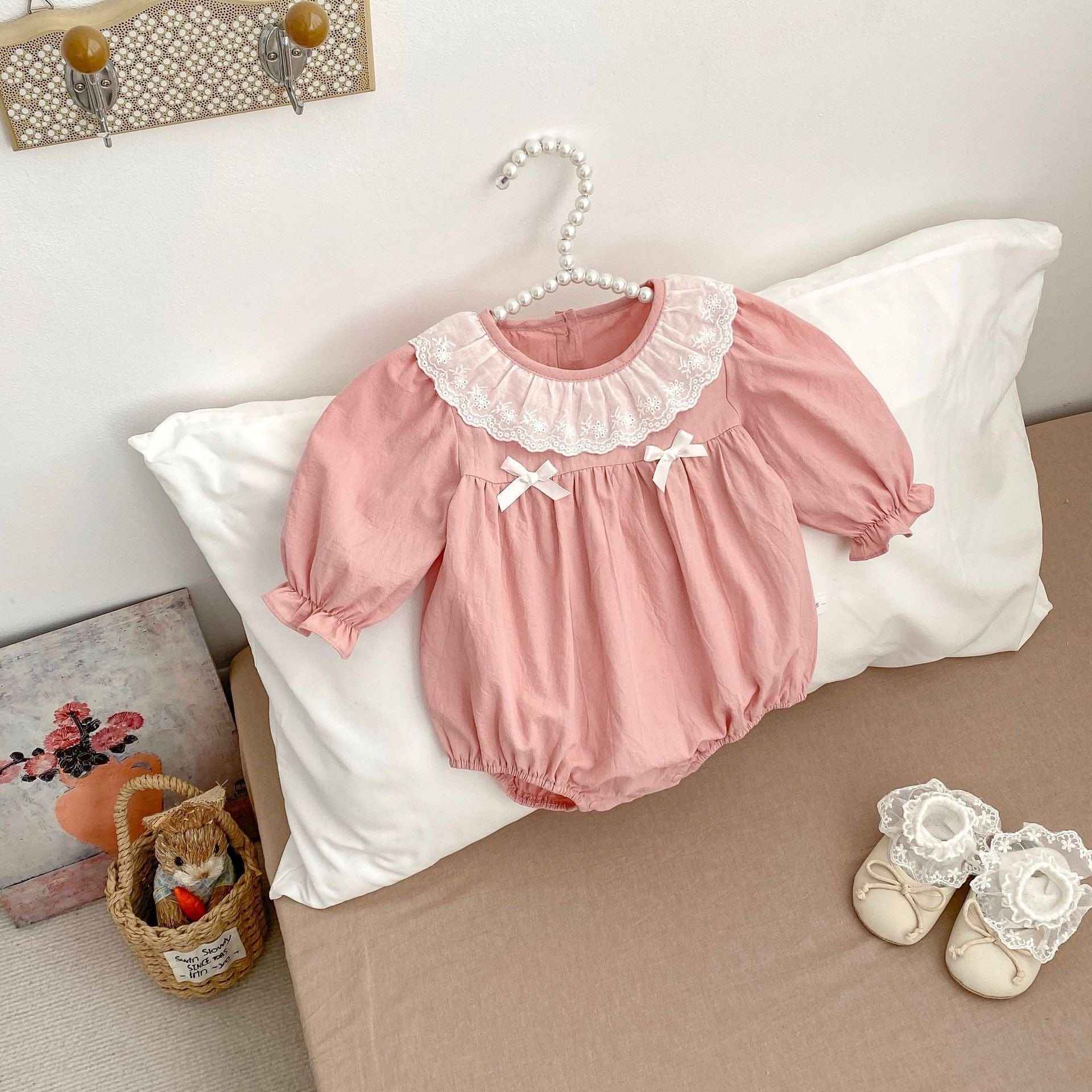 Spring Arrival Baby Girls Long Sleeves Floral Embroidered Collar Onesies Bodysuits