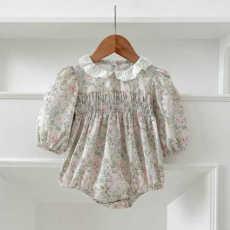 Arrival Autumn Baby Kids Girls Long Sleeves Light Green Floral French Collar Onesies and Dress – Princess Sister Matching Set