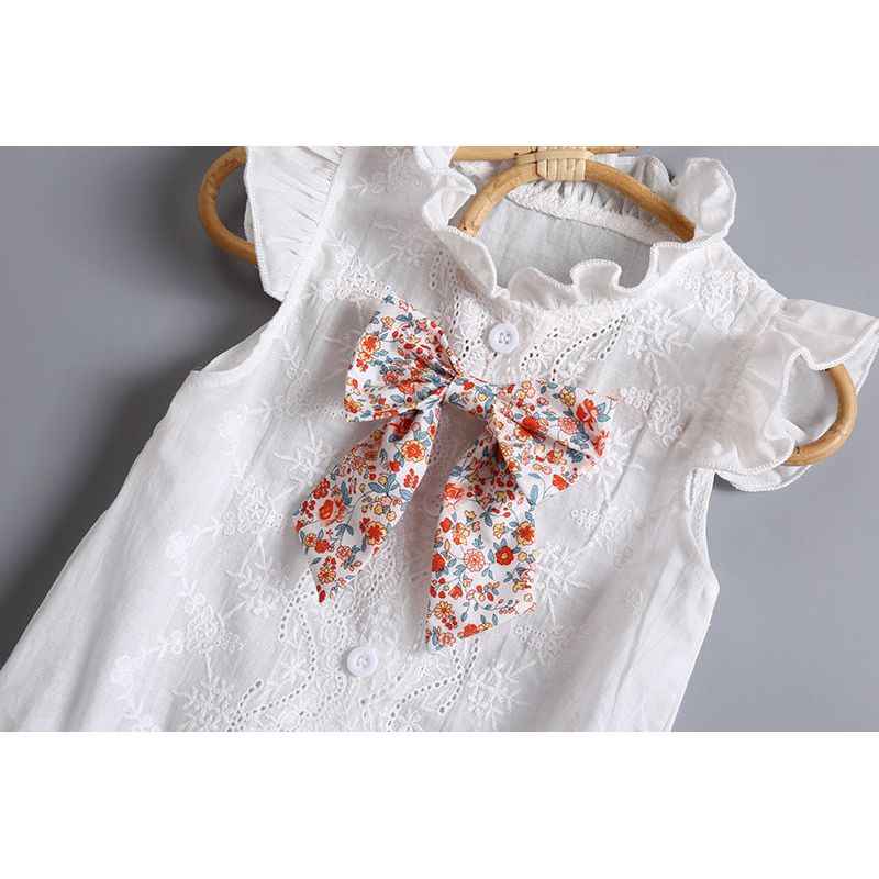 Baby Girl Embroidery Pattern Round Neck Mullet Design Sleeveless Cardigan Onesies With Bow Decorations