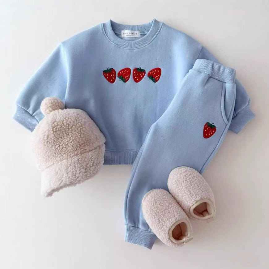Autumn Baby Kids Unisex Casual Strawberry Embroidered Pattern Long Sleeves Top Pullover and Pants Clothing Set