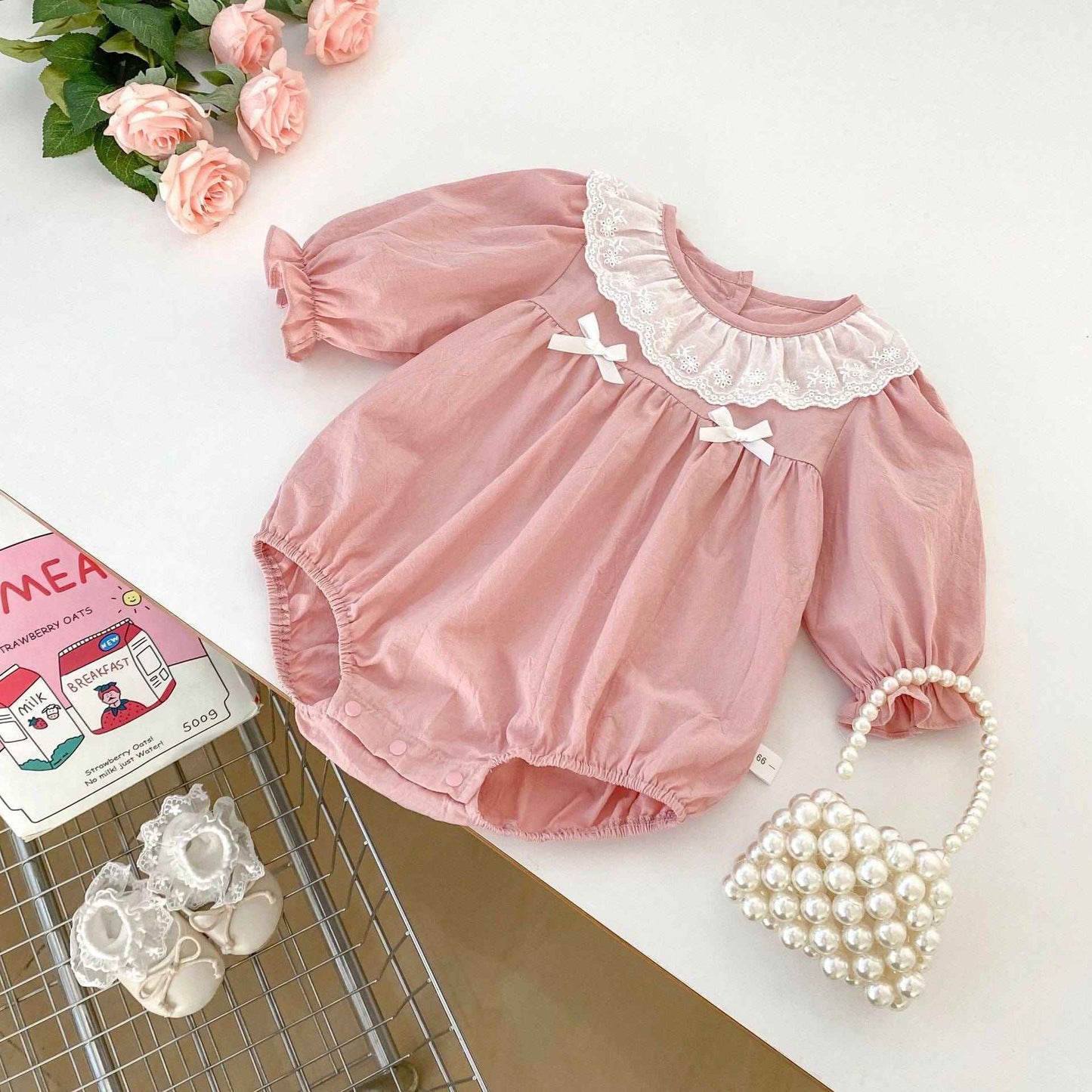 Spring Arrival Baby Girls Long Sleeves Floral Embroidered Collar Onesies Bodysuits