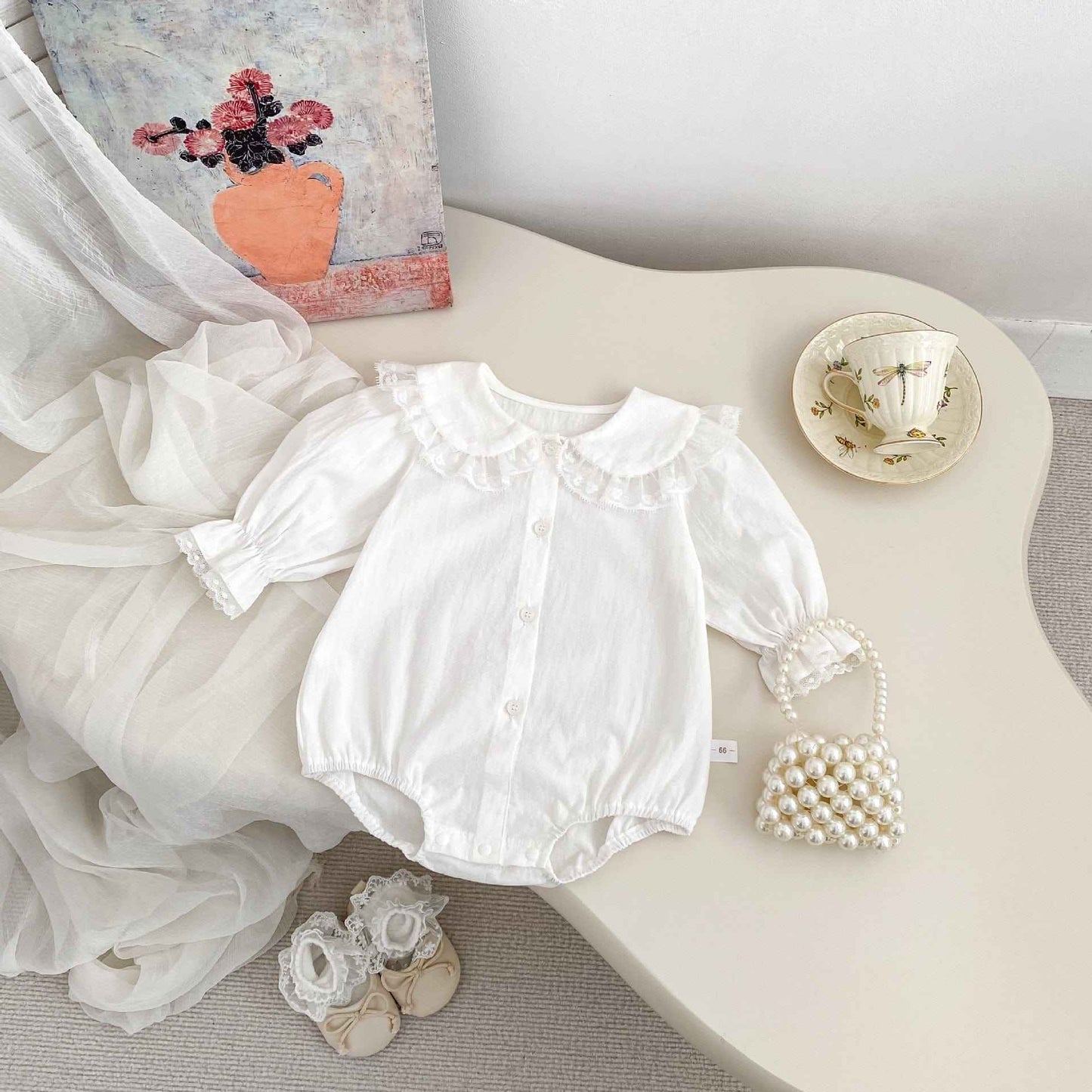 Spring Arrival Baby Girls Long Sleeves Floral Embroidered Lace Trim Collar Onesies Bodysuits