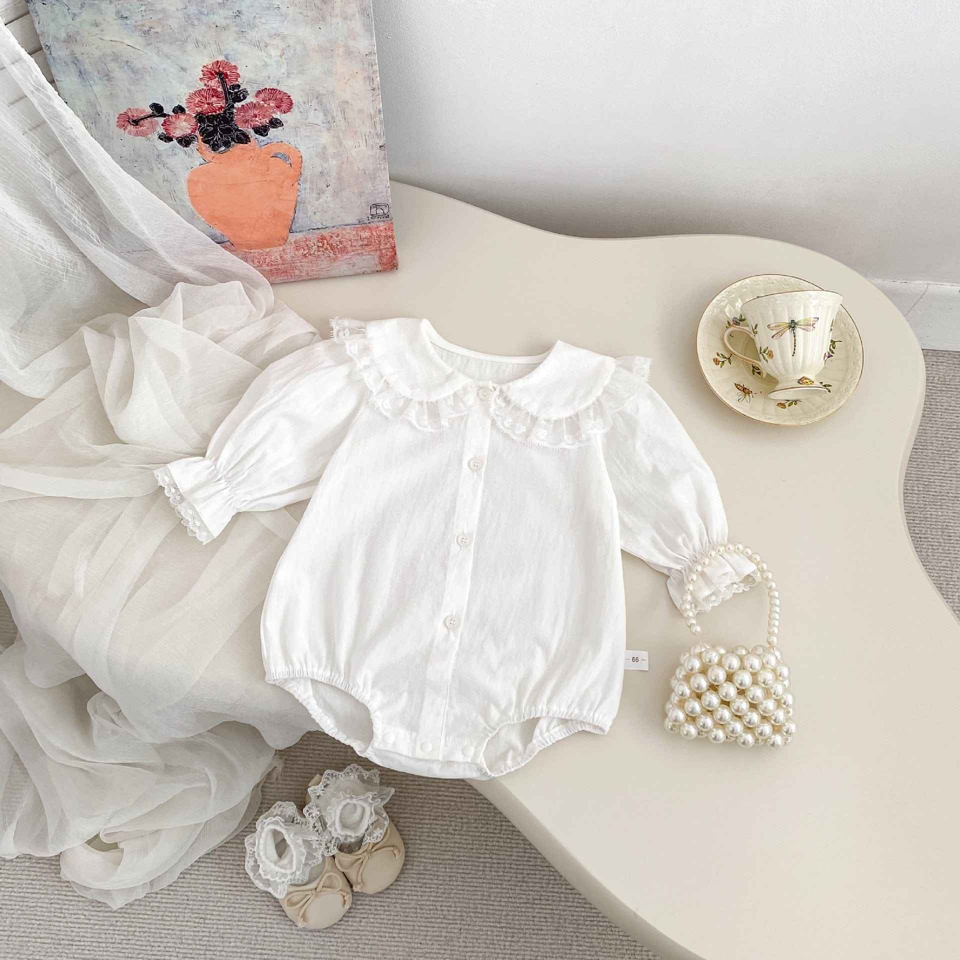 Spring Arrival Baby Girls Long Sleeves Floral Embroidered Lace Trim Collar Onesies Bodysuits