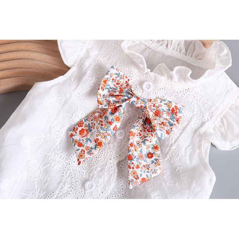Baby Girl Embroidery Pattern Round Neck Mullet Design Sleeveless Cardigan Onesies With Bow Decorations