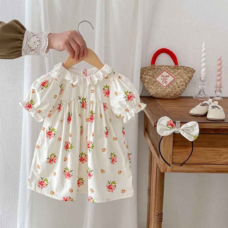 Summer Girls Flowers Pattern Short Sleeves Hollow Out Ruffle Collar Onesies And Dress – Sister Matching Clothing Set