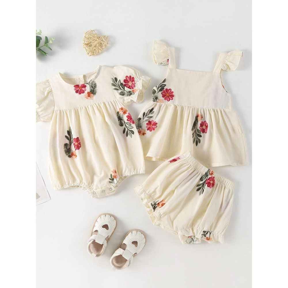 Summer Baby Kids Girls Floral Pattern Sleeveless Strap Top Dress And Bloomers Clothing Set/ Onesies