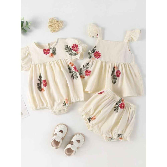 Summer Baby Kids Girls Floral Pattern Sleeveless Strap Top Dress And Bloomers Clothing Set/ Onesies