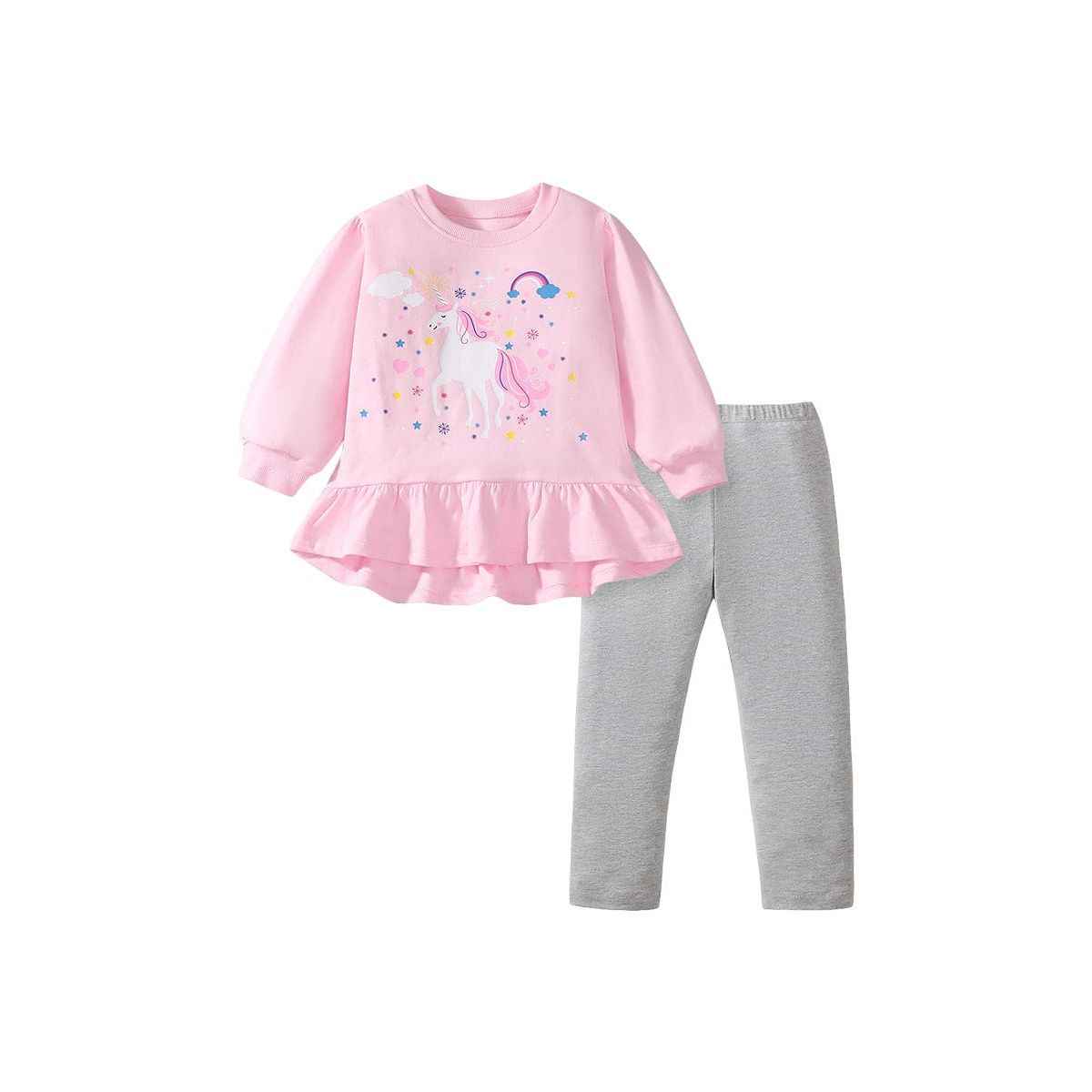 Spring And Autumn Girls Cute Cartoon Unicorn Pattern Long Sleeves Top Dress And Grey Pants Clothing Set