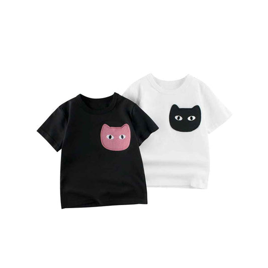 Cat Face Cartoon Pattern Girls T-Shirt In European And American Style For Summer